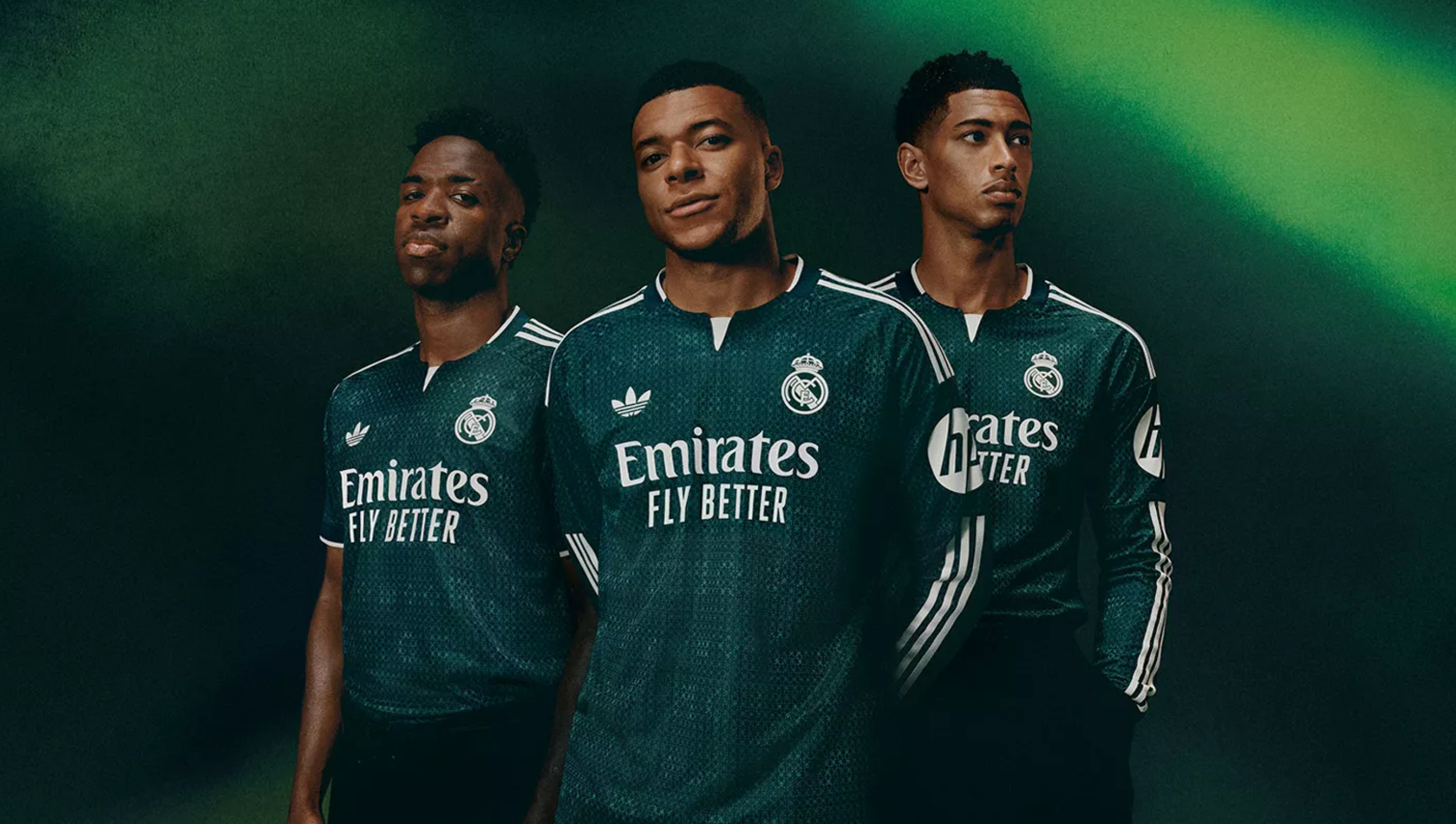 2026-27 Real Madrid away kit unveiled by adidas in dark green — Real Madrid’s dark‑green 2026‑27 away jersey displayed with off‑white trim 2026-27 Real Madrid away kit unveiled by adidas in dark green — Real Madrid’s dark‑green 2026‑27 away jersey displayed with off‑white trim
