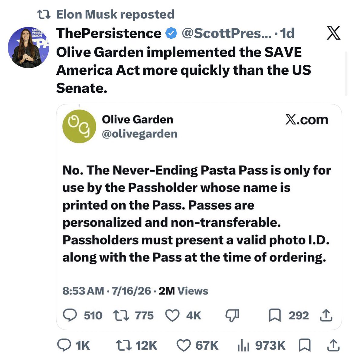 July 19, 2026 Scott Presler urges SAVE America Act via Olive Garden meme — related image 1 July 19, 2026 Scott Presler urges SAVE America Act via Olive Garden meme — related image 1