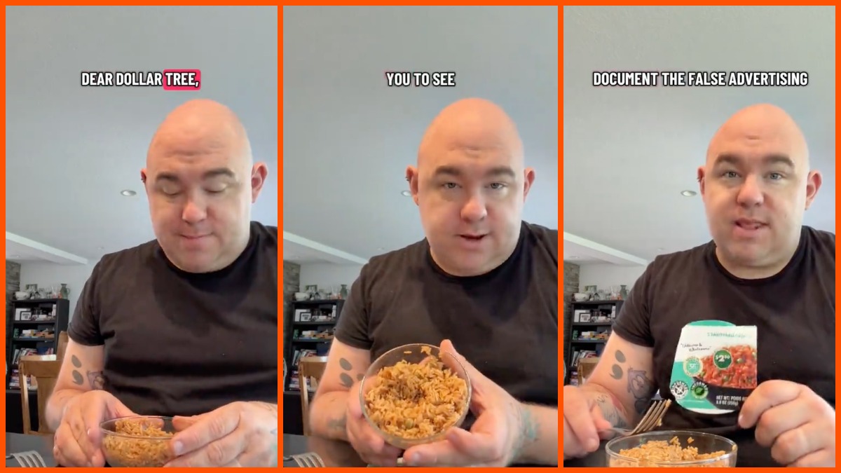Shoppers decry false advertising after Dollar Trees frozen vegetable fried rice misrepresents product — Tim Campbell holds Dollar Tree fried‑rice box beside his microwaved serving Shoppers decry false advertising after Dollar Trees frozen vegetable fried rice misrepresents product — Tim Campbell holds Dollar Tree fried‑rice box beside his microwaved serving